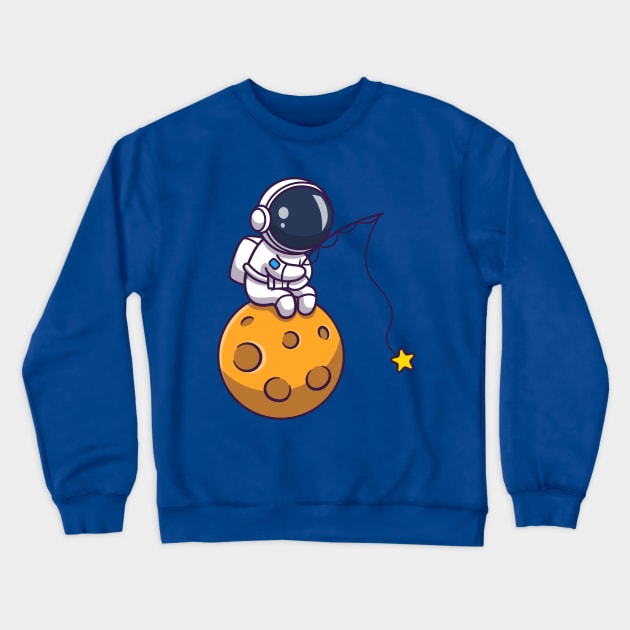 Cute Astronaut Fishing Star On Moon Cartoon Crewneck Sweatshirt by Catalyst Labs